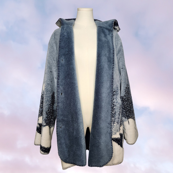 Vtg 90s Fuzzy Comfy Soft Winter Snow Night AOP Blue White Hooded Coat Sz 1X - Picture 7 of 9